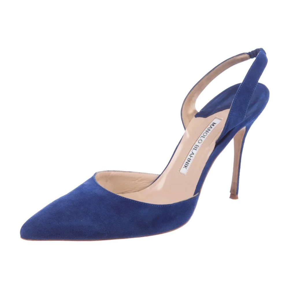 Manolo Blahnik Carolyne Suede Mid-Heel Slingback Pump in Navy